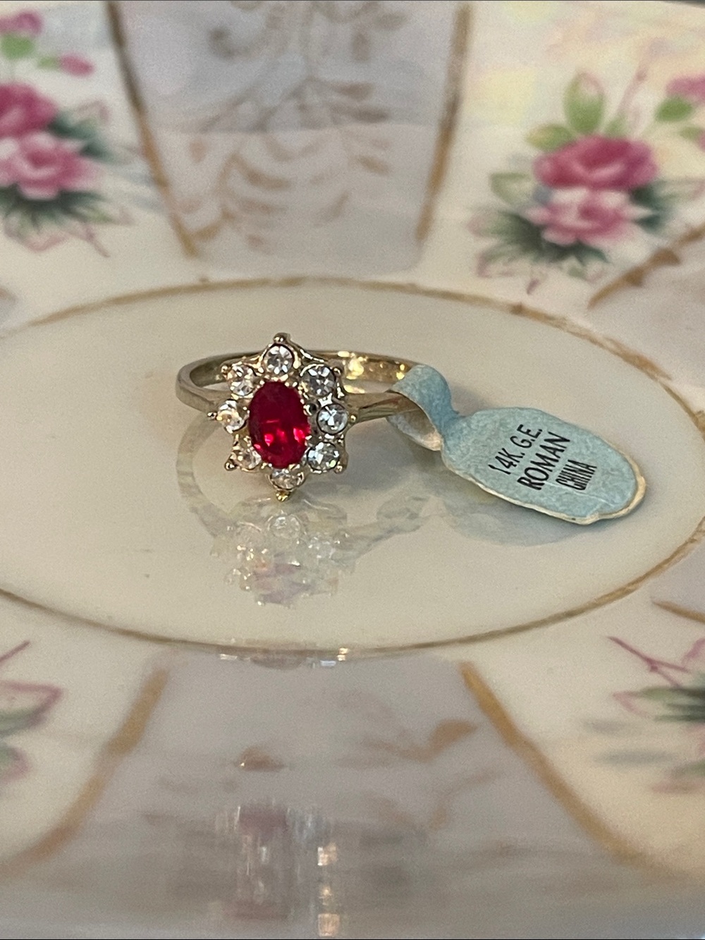 Vintage Roman Faux Ruby Rhinestone Halo 14K G.E Cocktail Ring (Size 7)